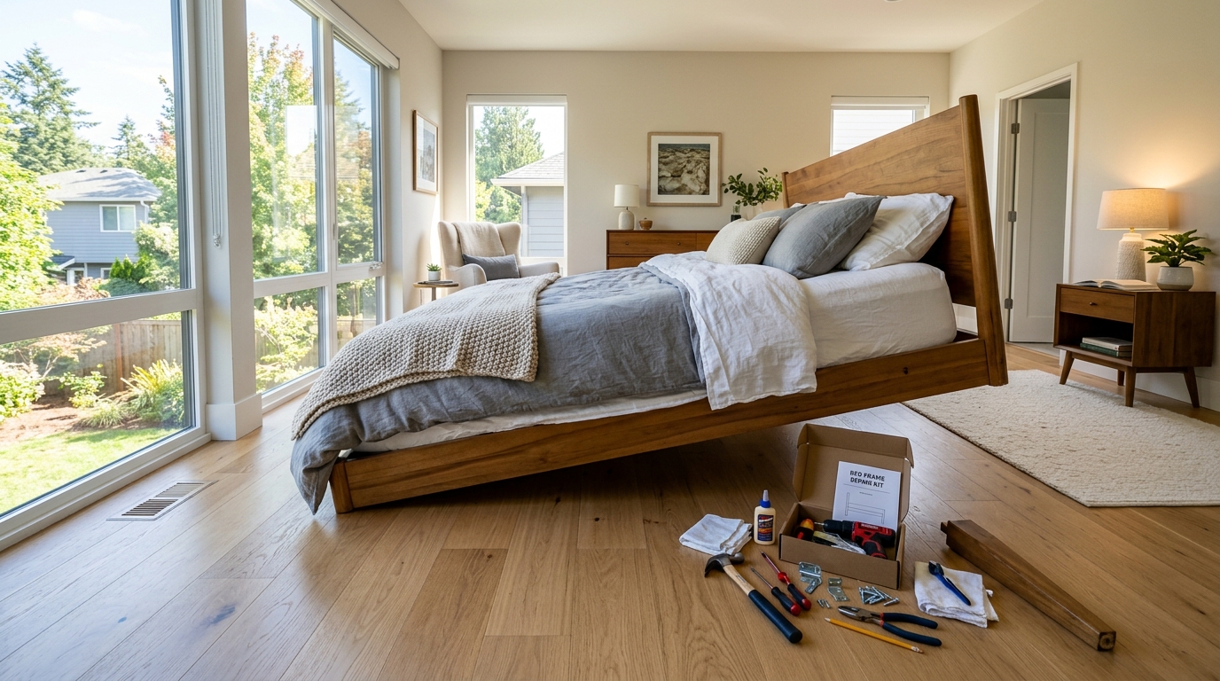 Quarto iluminado mostrando uma cama de madeira inclinada e ferramentas para aprender como consertar o pé da cama com eficácia.