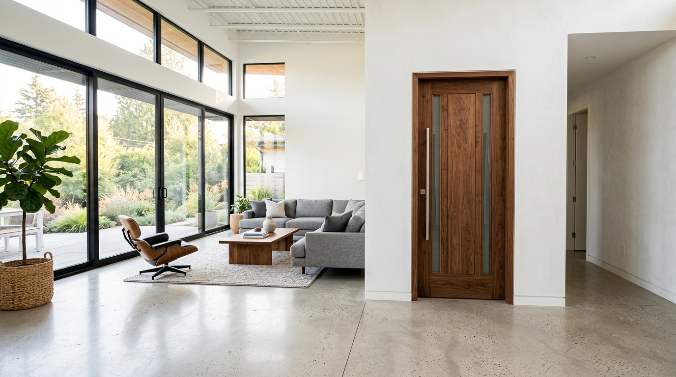 Sala moderna ampla com foco em um elegante revestimento de porta de madeira em harmonia com a arquitetura minimalista.